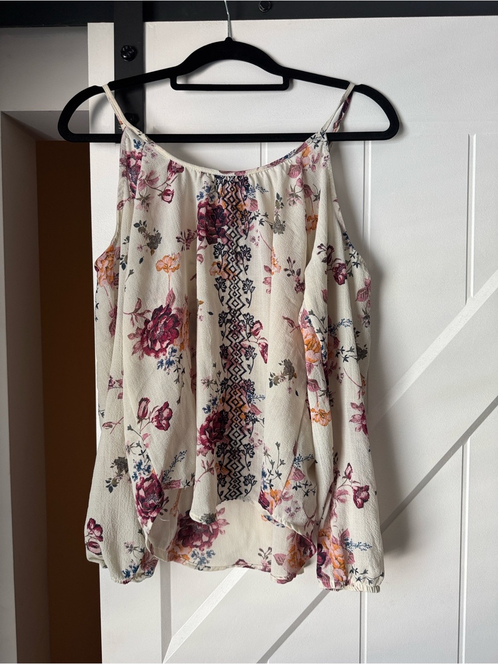 Rewind Cream Cold-Shoulder Floral Blouse with Pink and Burgundy Accents
